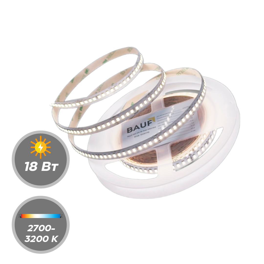 Светодиодная лента BAUF PRO160 18Вт 2880лм/м 24В 3000K, 4000K, 6000K 5м